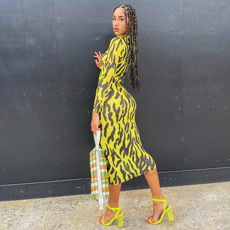 Sexy High Neck Yellow Leopard Long Sleeves Women Dresses