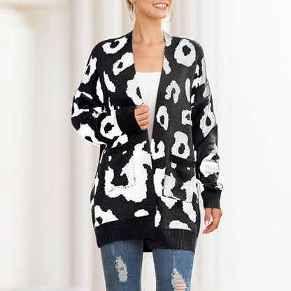 Women Leopard Design Pockets Knitting Cardigans