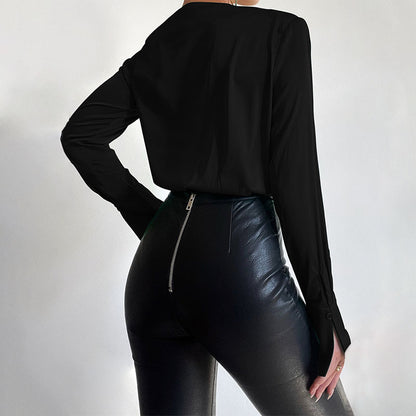 Sexy Deep V Neck Long Sleeves Shirts Jumpsuits