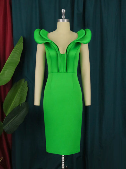 Green V Neck Ruffled High Waist Party Dresses