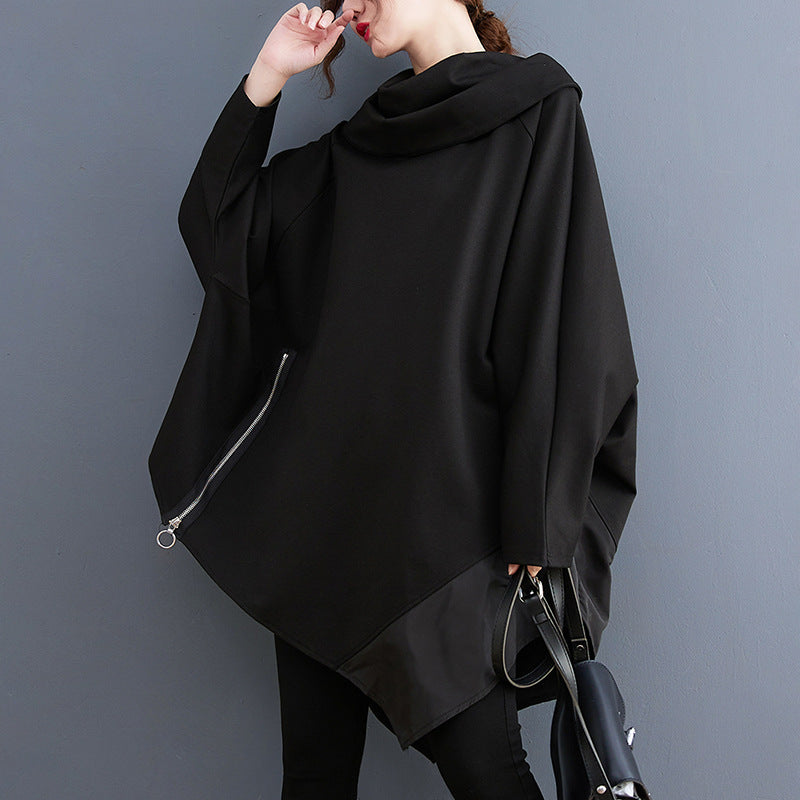 Black Pullover Long Sleeves Irregular Hoodies for Women