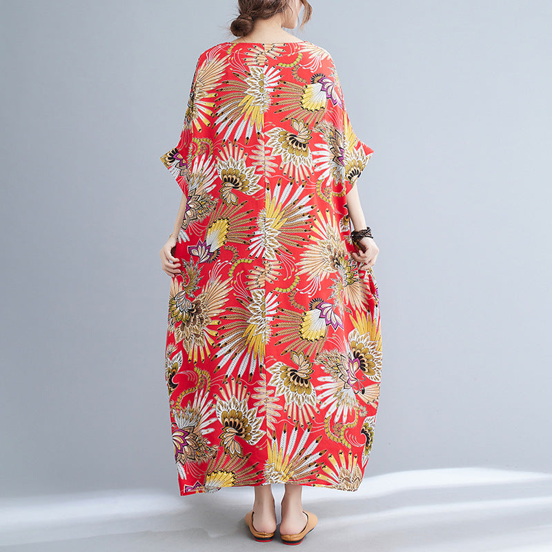 Casual Floral Print Red Plus Sizes Maxi Dresses