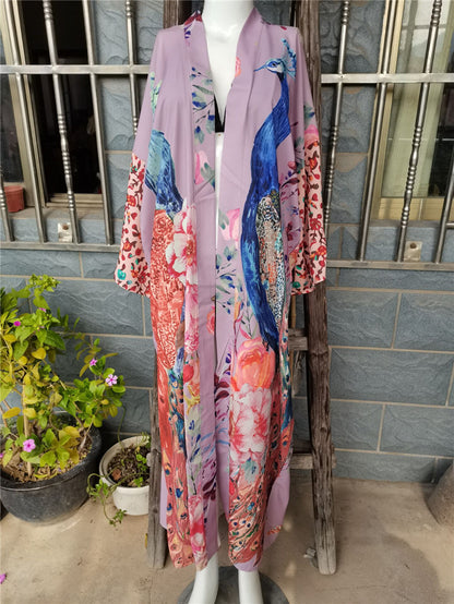 Peacock Print Kimono Beachwear Cover Ups