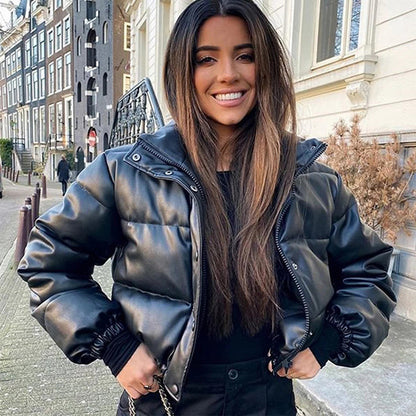 Fashion Casual Women PU Short Cotton Padded Overcoat