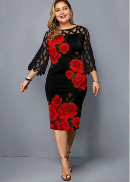 Women Foral Print Lace Plus Sizes Fall Dresses-STYLEGOING