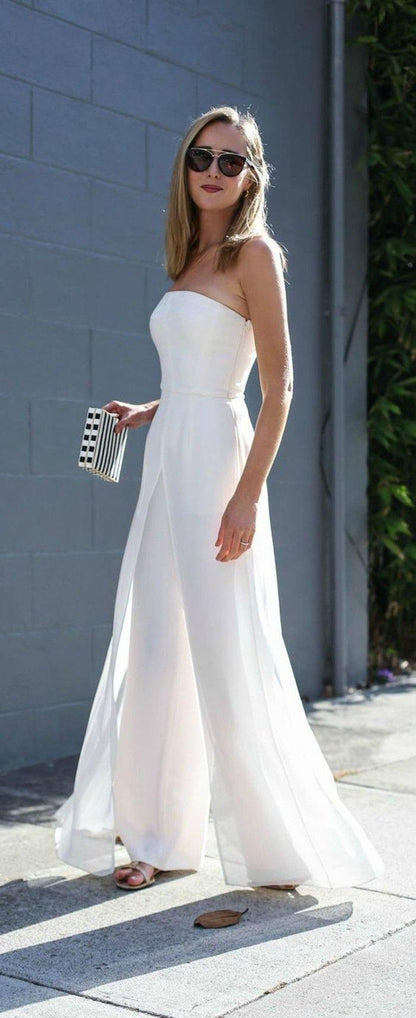 White Women Strapless Chiffon Jumpsuits-STYLEGOING