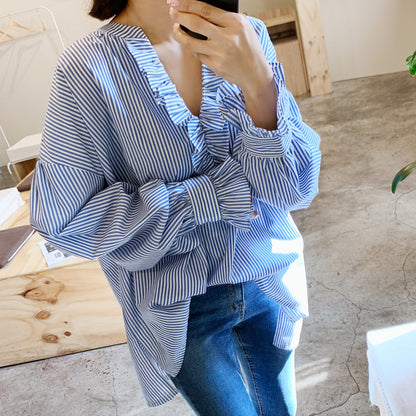 Casual Striped Ruffled Fashion Long Sleeves Shirts