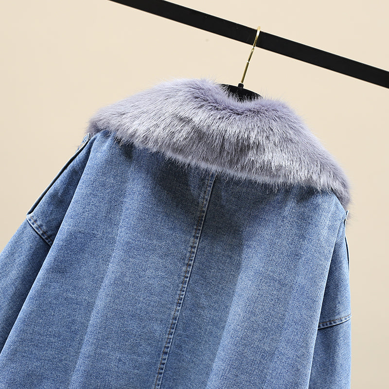 Casual Women Fur Neckline Denim Jacket Overcoat