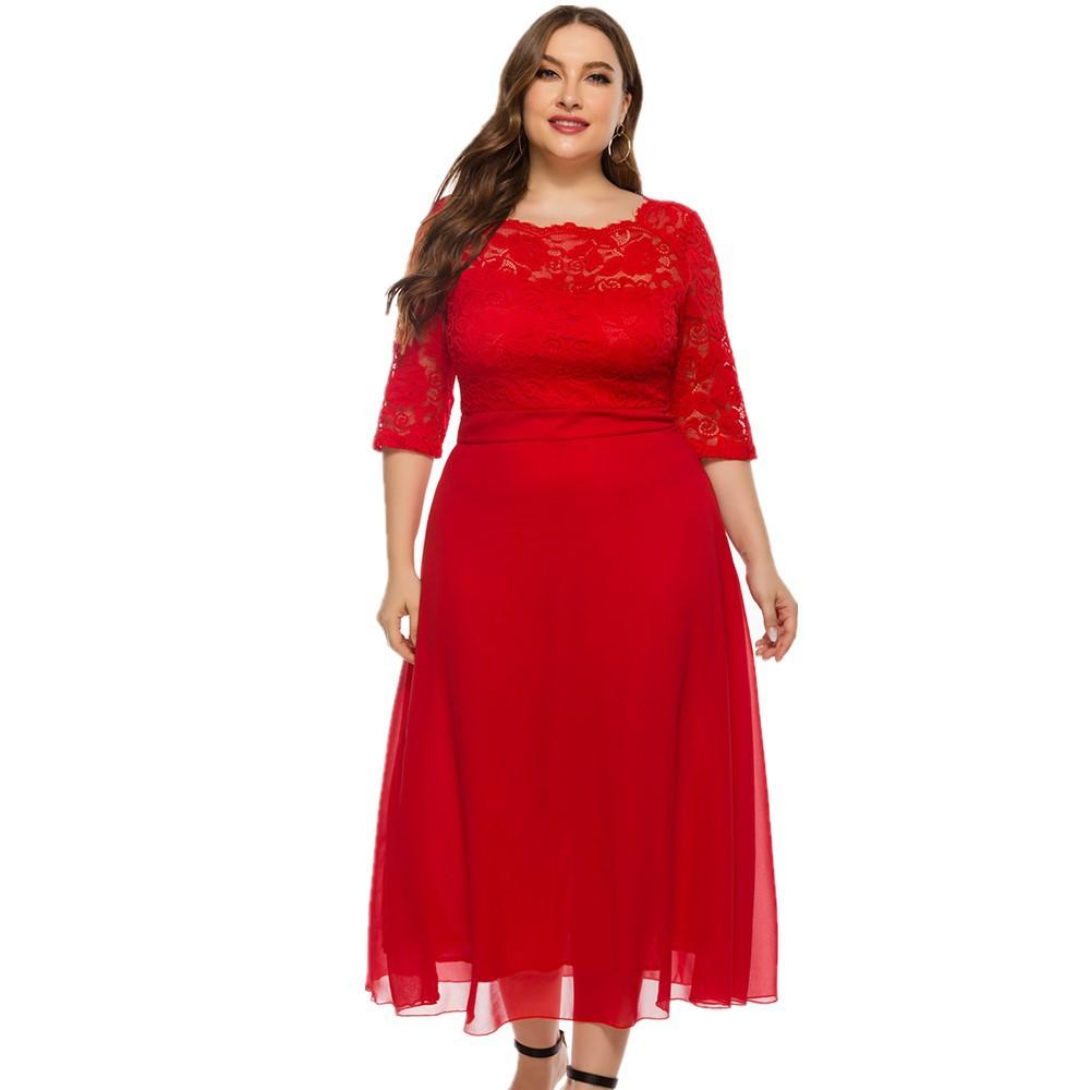 Red 3/4 Length Sleeves Lace Red Plus Size Dresses-STYLEGOING