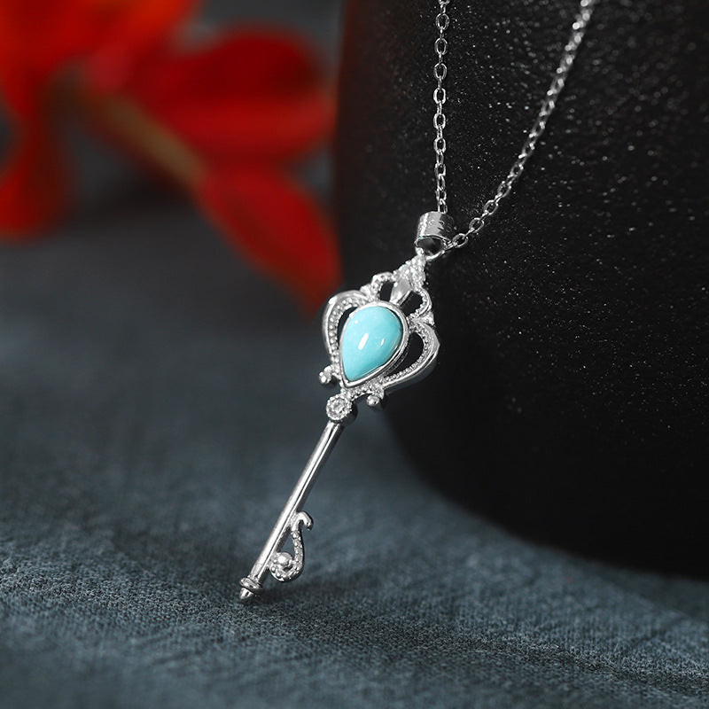 Valentine Sterling Silver Turquoise Key Shaped Necklace for Women