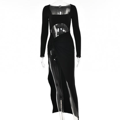 Sexy Square Neckline Split Front Long Sleeves Dresses