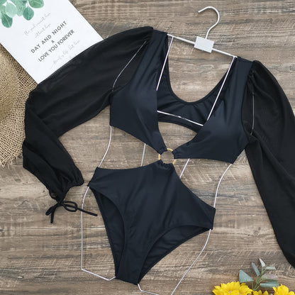Black Long Sleeves Backless Women One Piece Swimsuits