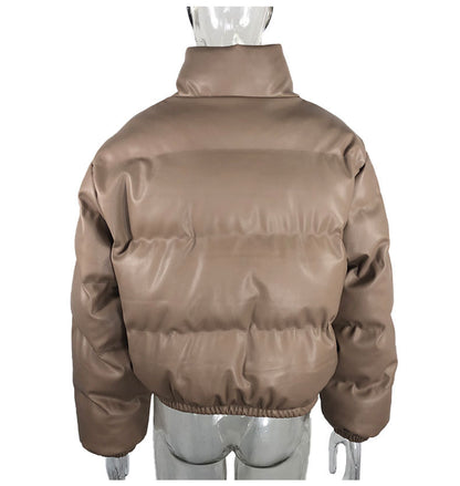 Fashion Casual Women PU Short Cotton Padded Overcoat