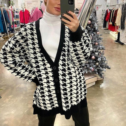 Women V Neck Kntting Plaid Long Sleeves Cardigan Overcoat-STYLEGOING