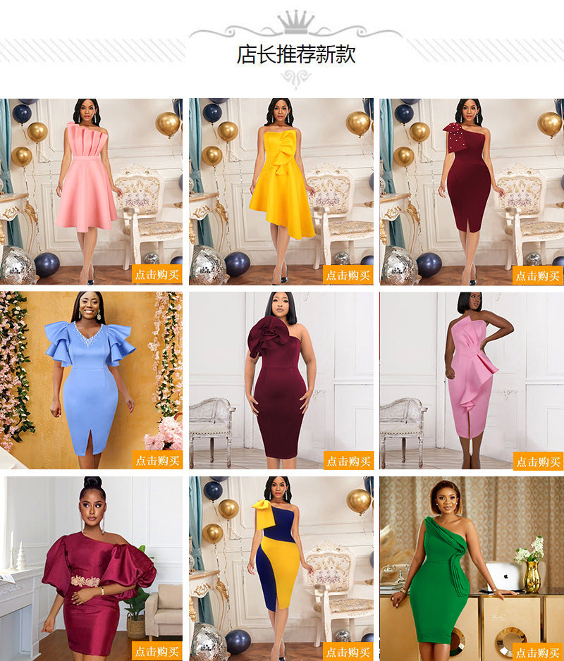 Sexy One Shoulder High Waist Office Lady Sheath Dresses