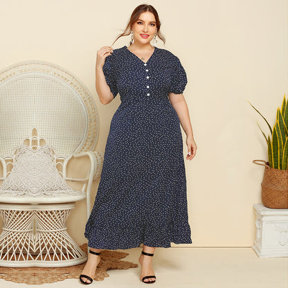 Summer Dot Print  Women Short Sleeves Plus Sizes Long Dresses
