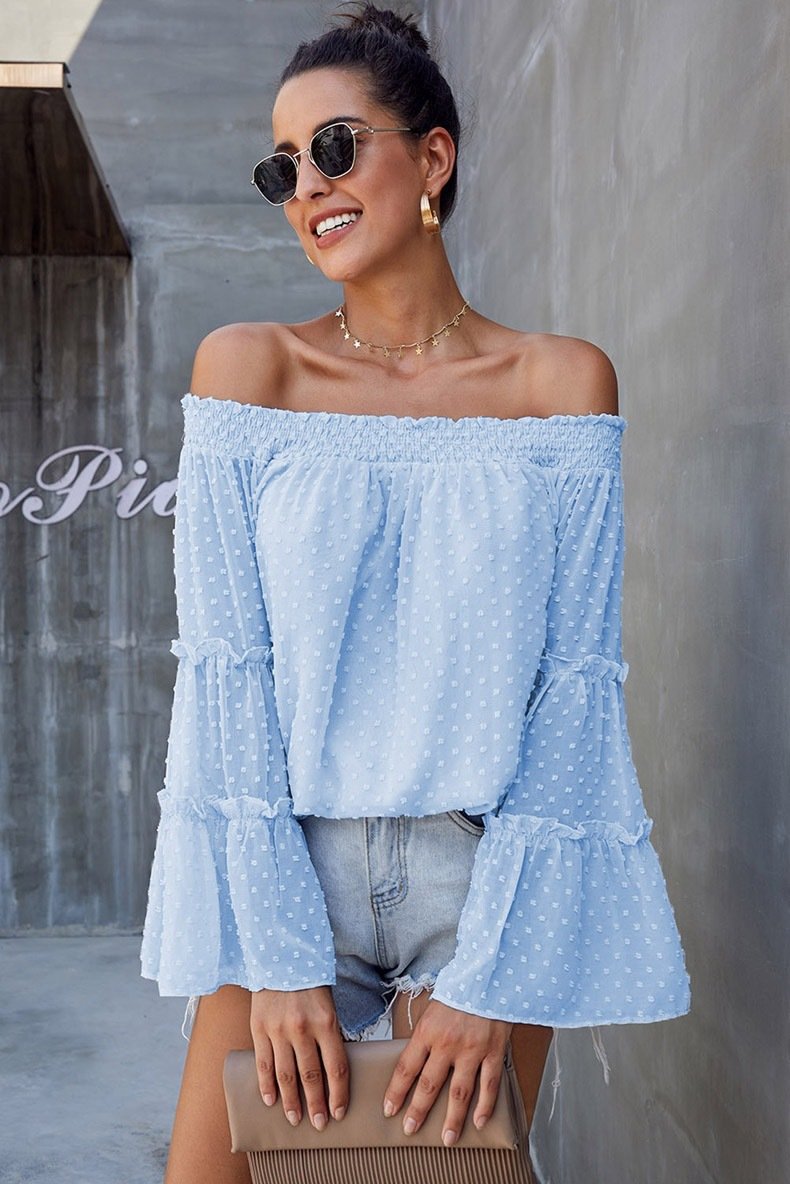 Off The Shoudler Bell Sleeves Chiffon Blouses-STYLEGOING