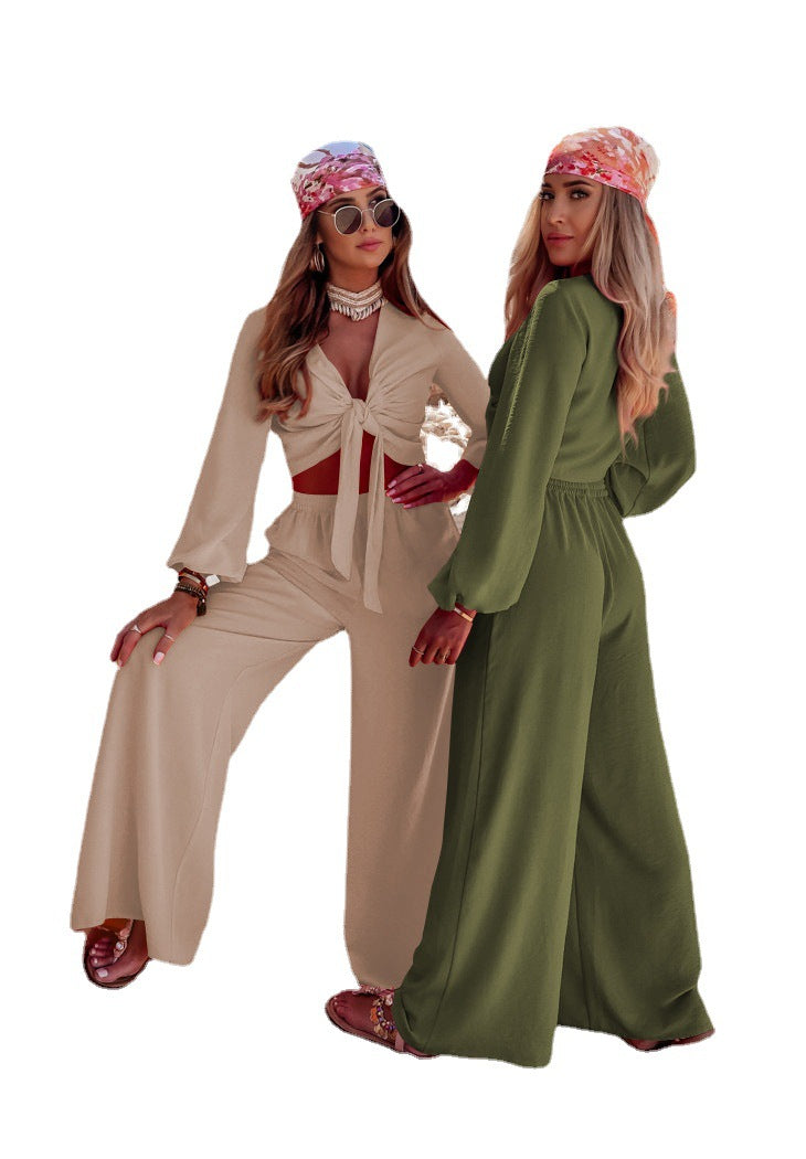 Sexy Long Sleeves Tops & Wide Legs Pants Women Suits