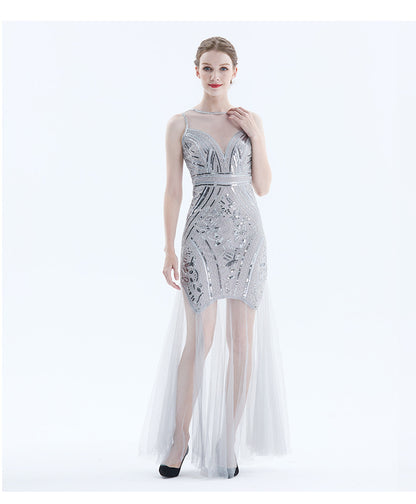 1920s Vintage Sequined Tulle Evening Party Long Dresses