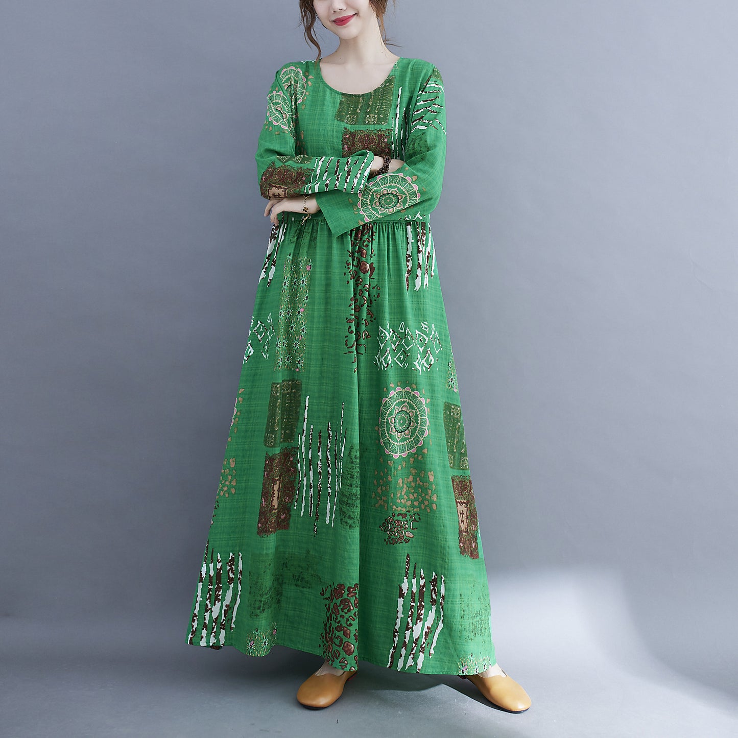 Women Green Plus Sizes Long Sleeves Cozy Dresses