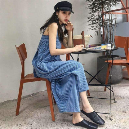 Fashion Loose High Waist Striped Leisure Jumpsuits-STYLEGOING