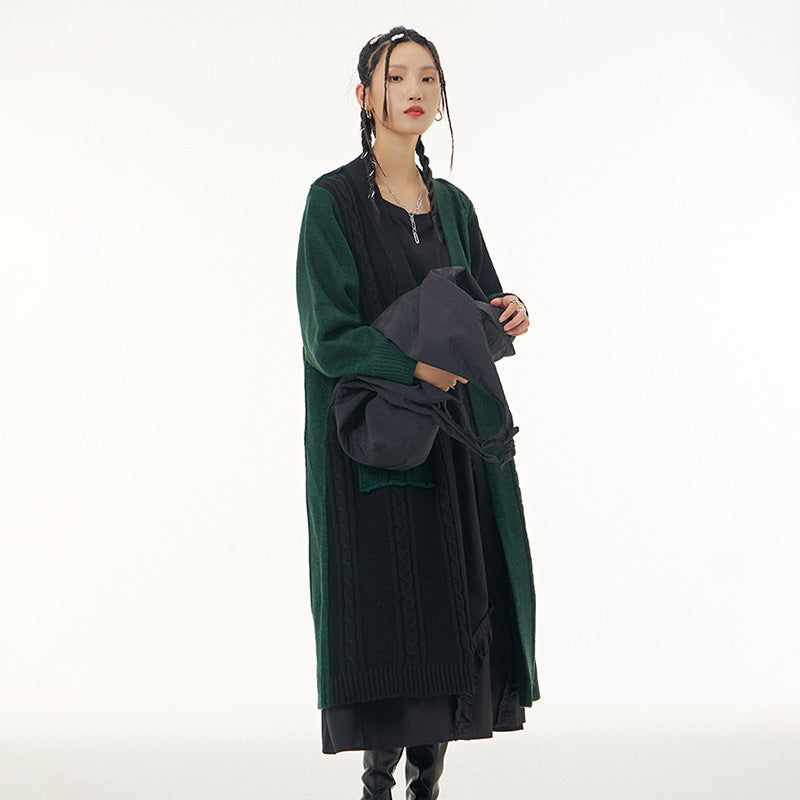 Vintage Contrast Design Long Knitted Coats