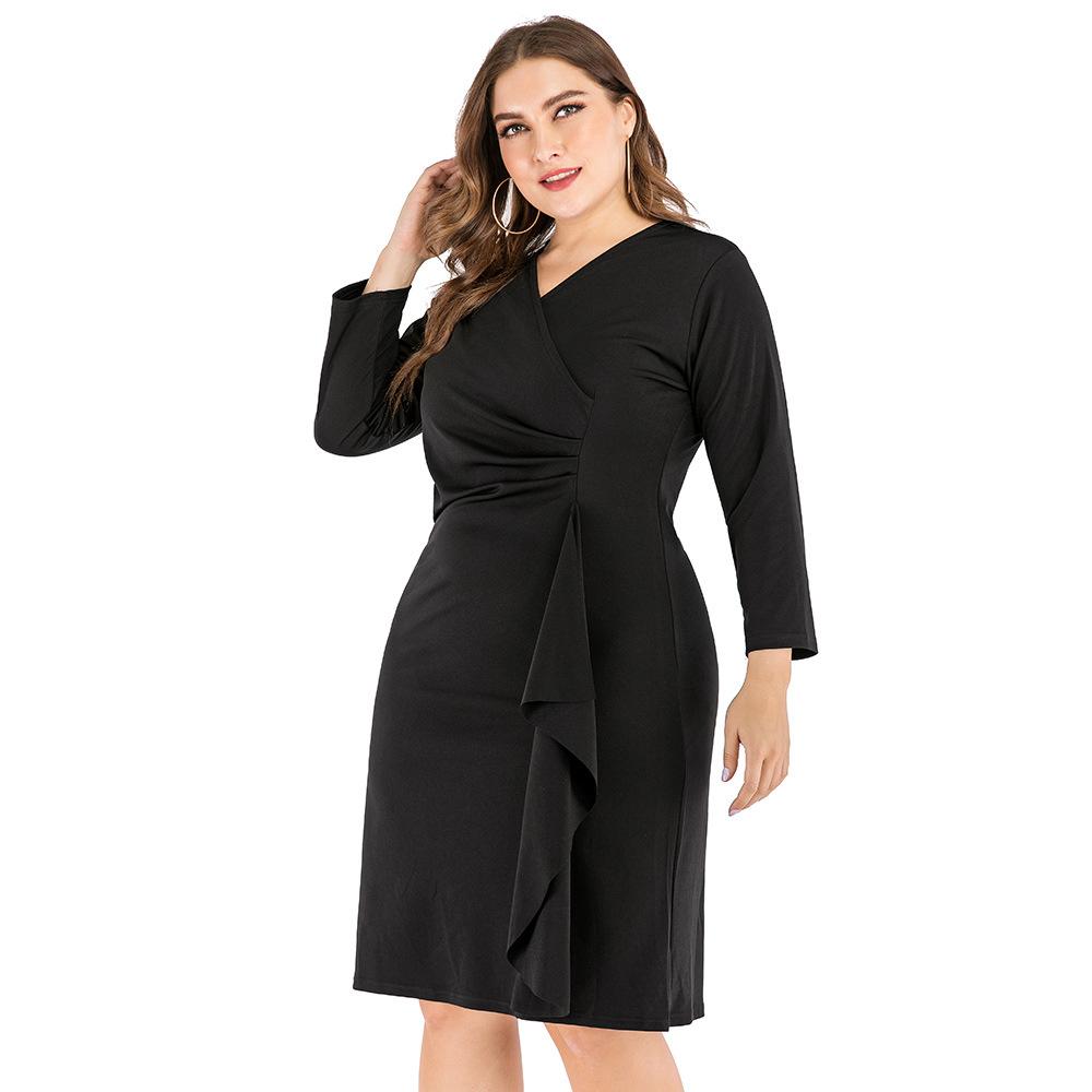 Black Long Sleeves V Neck Plus Sizes Fall Dresses-STYLEGOING