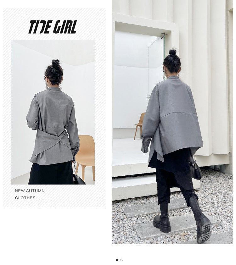 Designed Stand Collar Irregular Women Long Sleeves Shirts