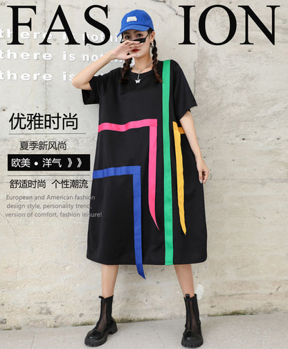 Summer Colorful Striped Girls Plus Sizes Midi Dresses