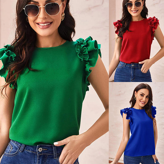 Leisure Summer Ruffled Sleeveless Chiffon T Shirts