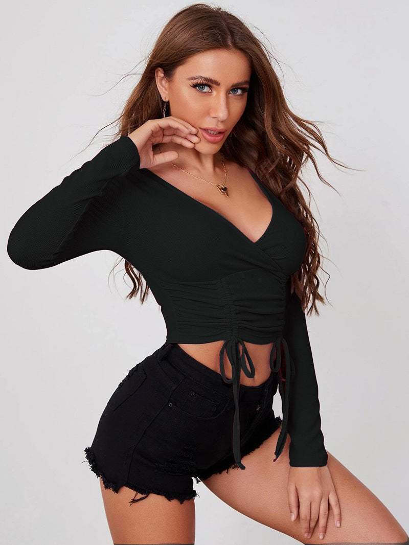 Sexy Drawstring Long Sleeves Short T Shirts