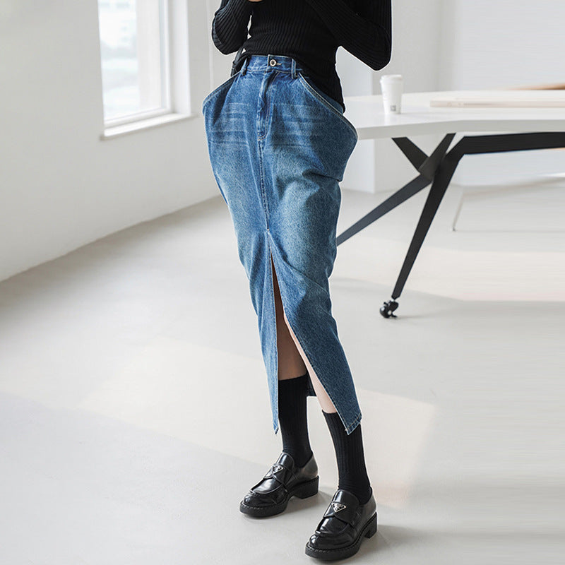 Designed Women High Waist  Split Front Denim Skirts