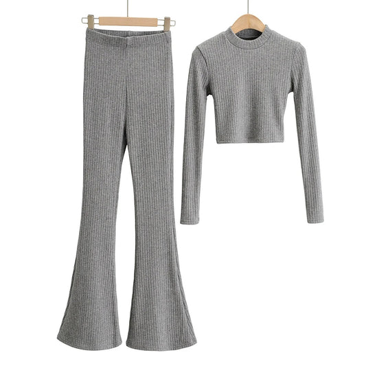 Sexy Women Knitting Midriff Baring Tops And High Waist Pants