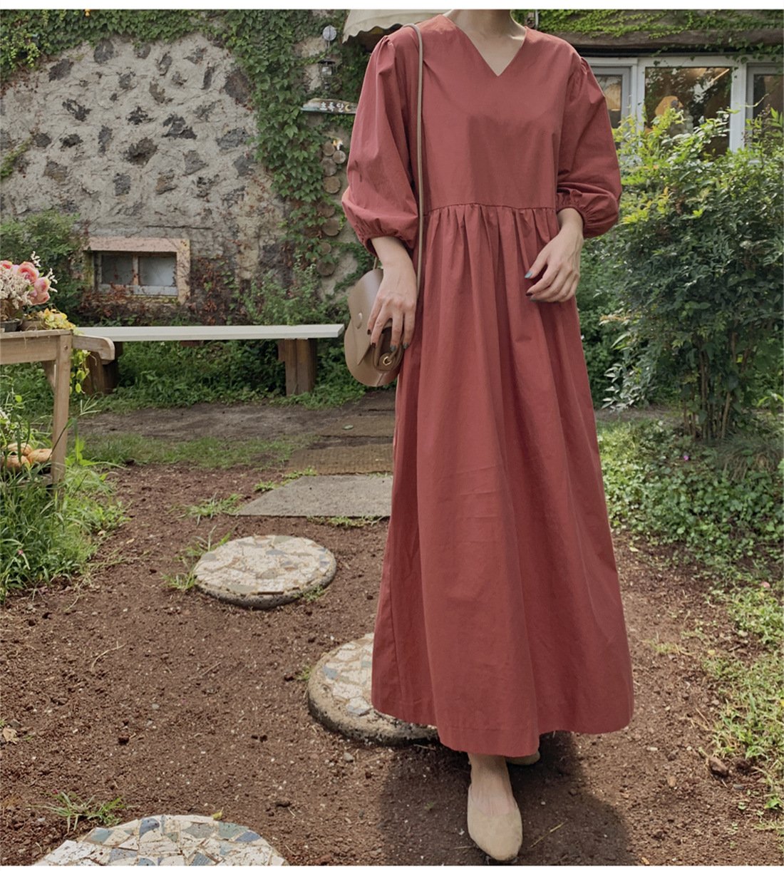 Casual Vintage Women Latern Sleeves Fall Long Dress-STYLEGOING