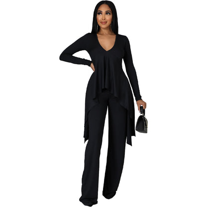 Sexy Long Sleeves Irregular Tops and Pants Set for Women