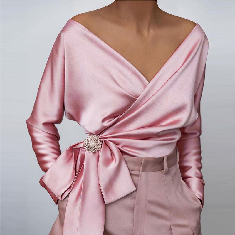 Sexy V Neck Satin Long Sleeves Tops for Women