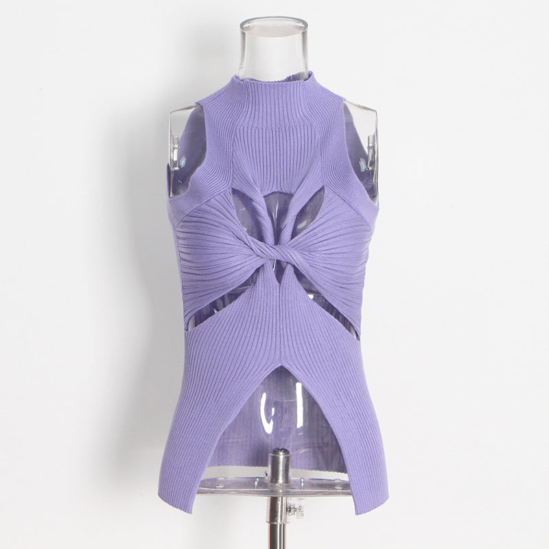 Designed High Neck Irregular Women Knitted Tank Tops