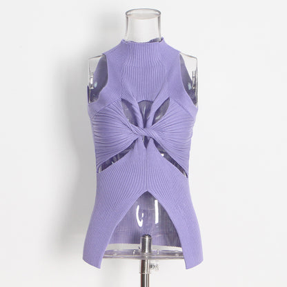 Designed High Neck Irregular Women Knitted Tank Tops