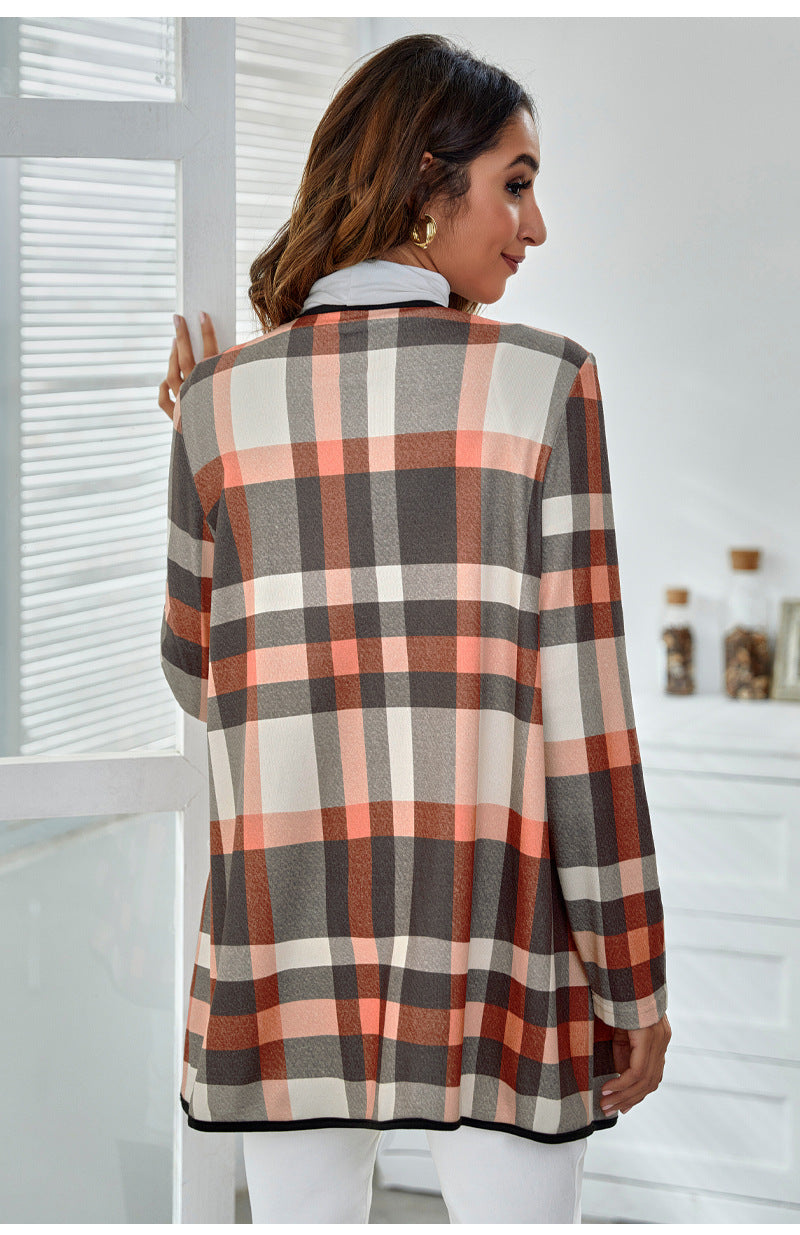 Casual Pocket Design Plaid Women Coats