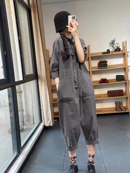 Women Turnover Collar Half Sleeves Jumpsuits-STYLEGOING