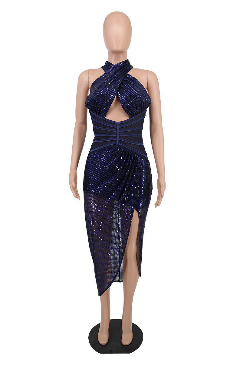 Sexy Sequined Halter Split Front Women Party Dresses