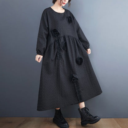 Vintage 3D Flower Black Long Cozy Dresses