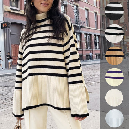 Women High Neck Knitting Striped Sweaters