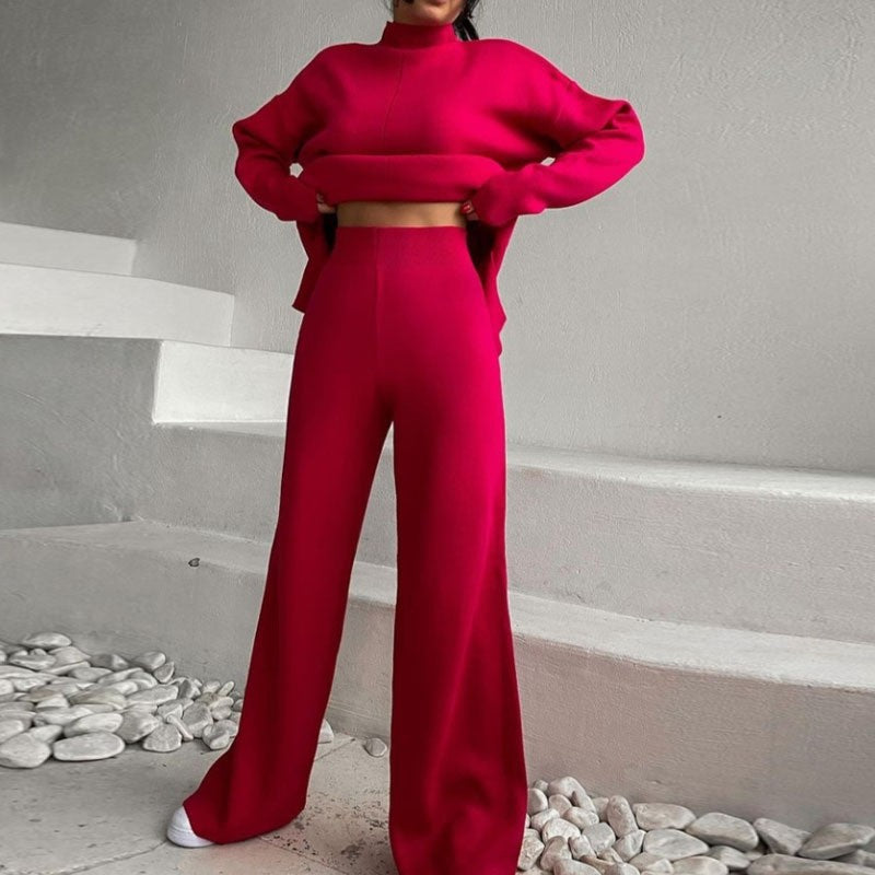 Winter Long Sleeves Knitted Tops and Wide Leg Pants