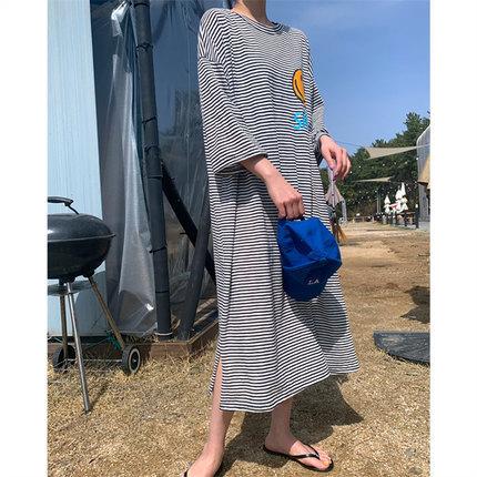 Summer Short Sleeves Striped T Shirt Dress-STYLEGOING