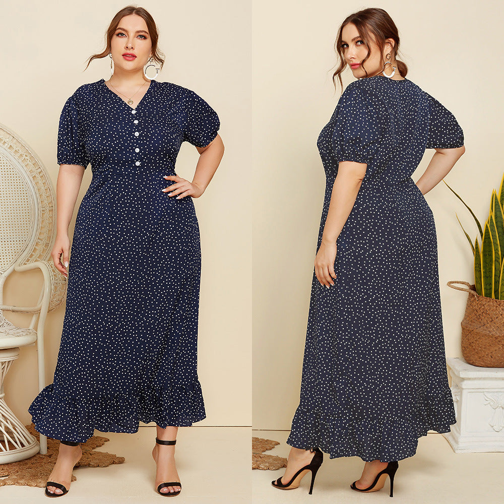 Summer Dot Print  Women Short Sleeves Plus Sizes Long Dresses