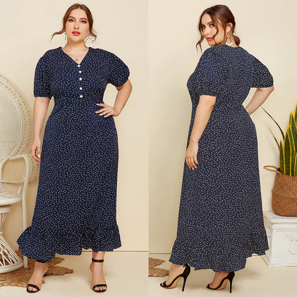 Summer Dot Print  Women Short Sleeves Plus Sizes Long Dresses
