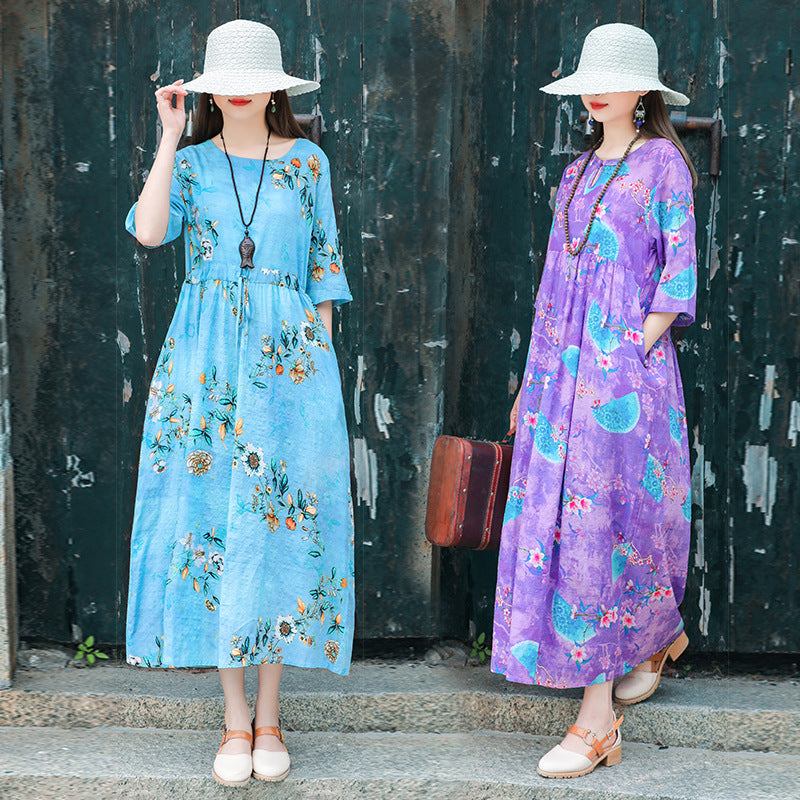 Ethinc Line Summer Half Sleeves Women Long Dresses