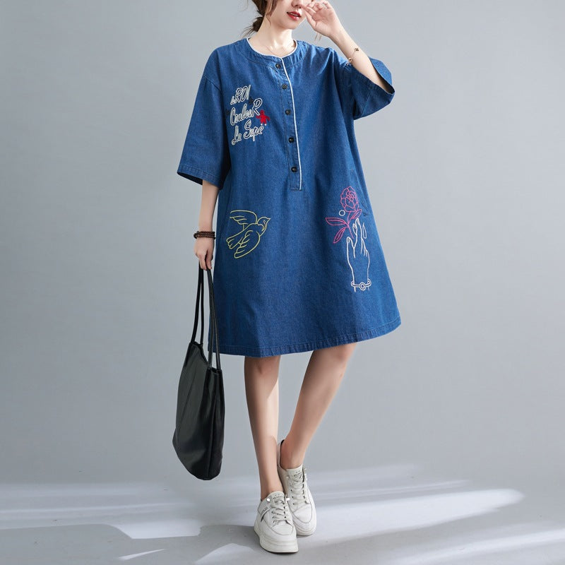 Ethnic Embroidery Plus Sizes Denim Midi Dresses