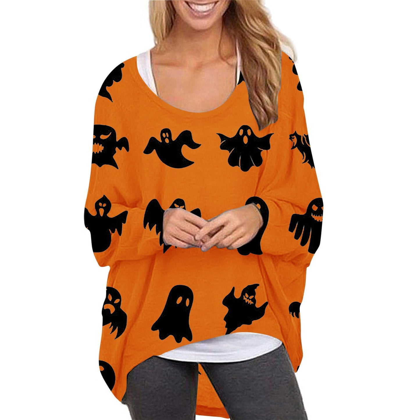 Women Halloween Pumpkin Print Long Sleeves Tops-STYLEGOING